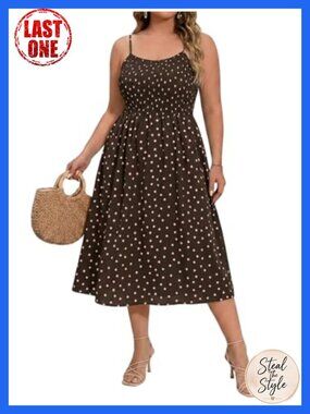 Plus Size Midi Dress Polka Dot Square Neck Sleeveless Summer Party Dress